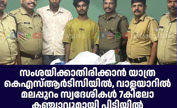 സംശയിക്കാതിരിക്കാൻ യാത്ര KSRTC യിൽ, വാളയാറിൽ 7കിലോ കഞ്ചാവുമായി മലപ്പുറം സ്വദേശികള്‍ പിടിയിൽ