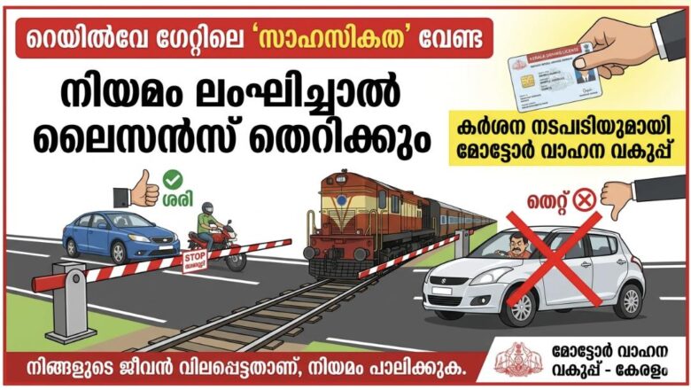 റെയിൽവേ ഗേറ്റിലെ ‘സാഹസികത’ വേണ്ട; നിയമം ലംഘിച്ചാൽ ലൈസൻസ് തെറിക്കും; കർശന നടപടിയുമായി MVD